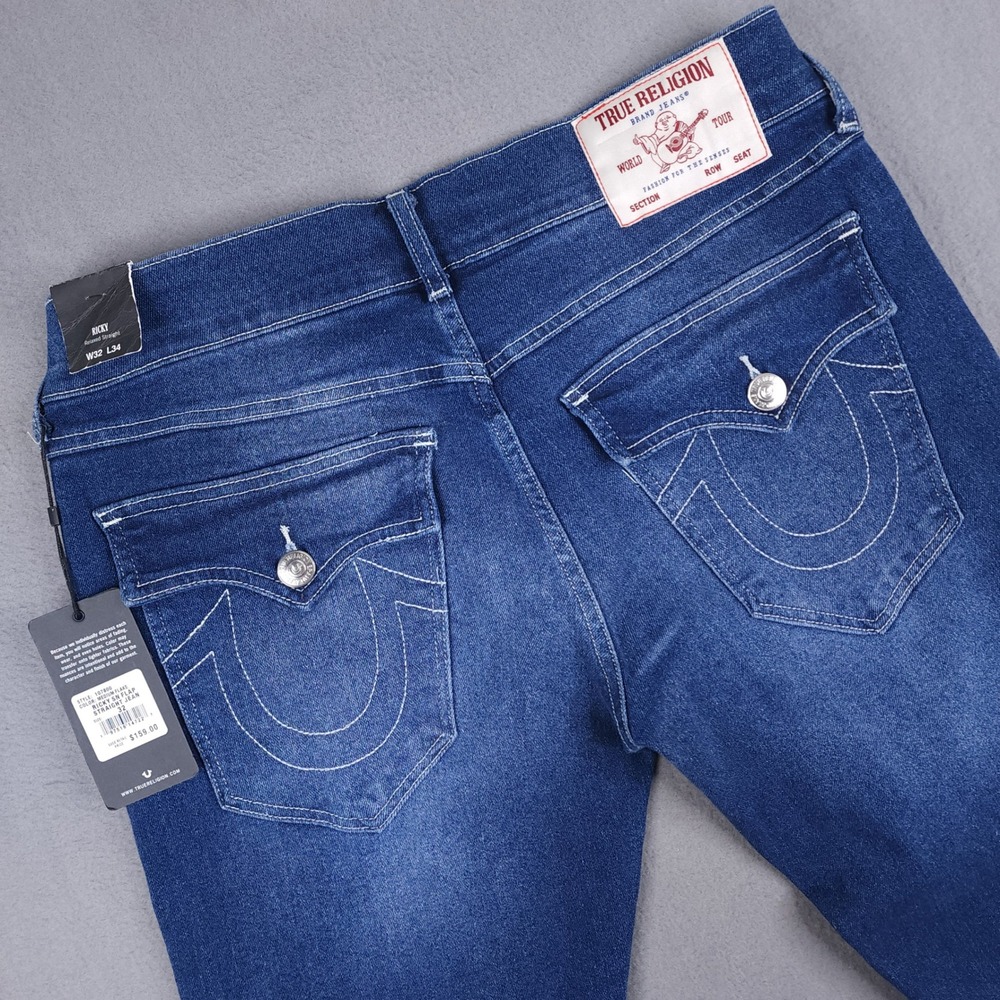 True Religion Ricky Straight Jeans Mens 32x34 Blue Flap Pocket Y2K NEW